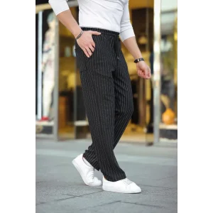 Erkek Cizgili Dokuma Krep Jogger Buggy Pantalon Rahat kalıp - Siyah
