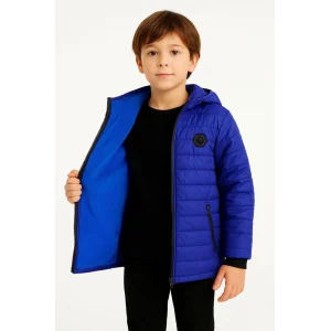 Erkek Çocuk Mont İçi Pelüş kürk Astarlı, Kapüşonlu Fermuarlı Kışlık Şişme Sıcak Tutucu Mont - Saks Mavisi