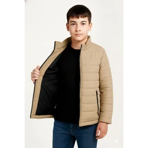 Erkek Çocuk Şişme Mont Hafif ve Sıcak Tutucu Kışlık Fermuarlı Su İtici Rahat Günlük Mont Kapüşonuz Modern Tasarım - Bej