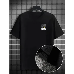 Erkek Dağ Grafikli Tişört, Yaz için Büyük Beden Rahat T-shirt - Siyah