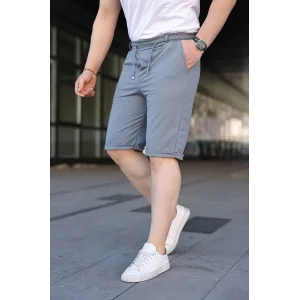 Erkek Diagonel Kumaş Duble Paça Cepli Bağcıklı Bel Lastikli ŞORT - Gri