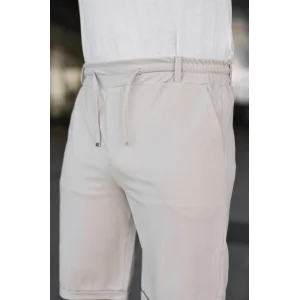 Erkek Diagonel Kumaş Duble Paça Cepli Bağcıklı Bel Lastikli ŞORT - Krem