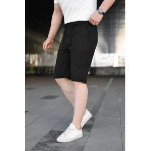 Erkek Diagonel Kumaş Duble Paça Cepli Bağcıklı Bel Lastikli ŞORT - Siyah
