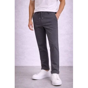 Erkek Diagonel Mikro dokulu Duble Paça Cepli Pantolon Bağcıklı Bel, Modern Kesim - Füme