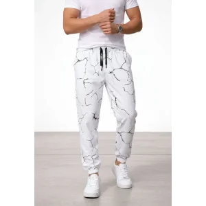 Erkek Dijital Baskılı Eşofman Altı Kışlık Üç İplik Şardonlu Kumaş Lastikli Paça, Cepli, Rahat Kalıp - Beyaz
