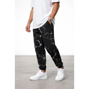 Erkek Dijital Baskılı Eşofman Altı Kışlık Üç İplik Şardonlu Kumaş Lastikli Paça, Cepli, Rahat Kalıp - Siyah