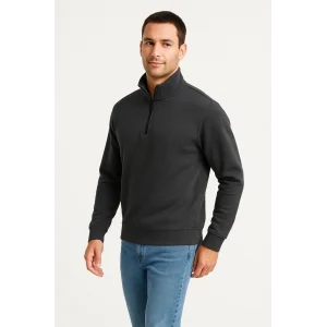 Erkek Dik Yaka Sweatshirt Dik Yaka Yarım Fermuarlı 3 İplik Şardonlu Pamuk Kumaş - Antrasit