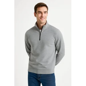 Erkek Dik Yaka Sweatshirt Dik Yaka Yarım Fermuarlı 3 İplik Şardonlu Pamuk Kumaş - Gri