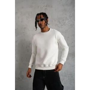 Erkek Düz Bisiklet Yaka 3 iplik pamuklu Sweatshirt - Beyaz