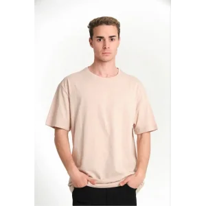 ERKEK Düz Tişört Bisikilet Yaka Kısa Kol Oversize T-shirt - Bej