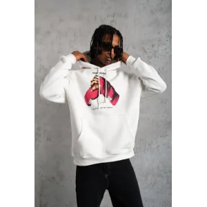 Erkek Kapüşonlu Cepli Boks Eldiven Baskılı 3 İplik Sweatshirt Hoodie - Beyaz