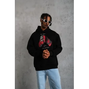 Erkek Kapüşonlu Cepli Box Eldiven Baskılı 3 İplik Sweatshirt Hoodie - Siyah