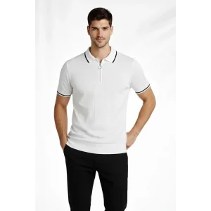 Erkek Yazlık Dokuma Triko Tişört Fermuarlı Polo Yaka Kısa Kol T-Shirt - Beyaz