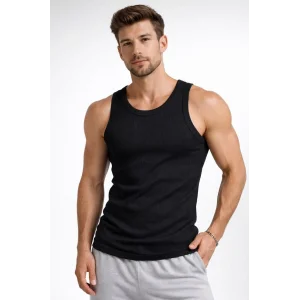 Erkek Fitilli Atlet Sıfır Yaka Slim Fit Arka Baskılı Spor Atlet - Siyah