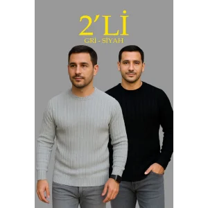 Erkek Fitilli Triko Kazak 2’li Set Siyah Gri Kalın Dokuma Pamuklu Regular Fit Bisiklet