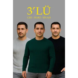 Erkek Fitilli Triko Kazak 3lü Set Gri Haki Siyah Regular Fit Bisiklet Yaka Triko Seti Modeli Kazak