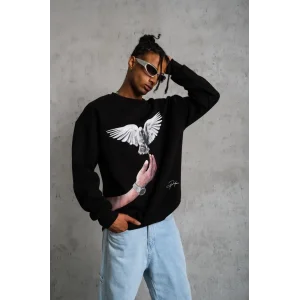 Erkek Güvercin Baskılı 3 iplik Bisiklet Yaka ipamuklu Sweatshirt - Siyah