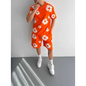 Erkek İki İplik Kumaş Oversize Baskılı T-shirt Şortlu ikili Alt-Üst Takım- Turuncu