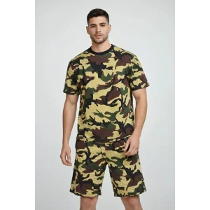 Erkek Kamuflaj Desenli Tişört Şort Takım – Regular Fit Günlük Spor 2’li Yazlık Kombin - Kamuflaj