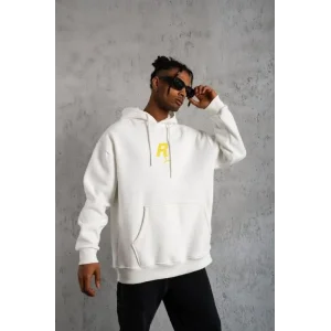 Erkek 3 İplik Pamuklu Kapüşonlu Baskılı Cepli Oversize Sweatshirt Hoodie - Beyaz