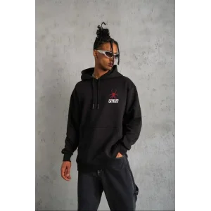Erkek 3 İplik Pamuklu Kapüşonlu Baskılı Cepli Oversize Sweatshirt Hoodie - Siyah