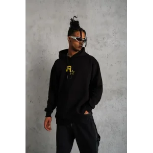 Erkek 3 İplik Pamuklu Kapüşonlu Baskılı Cepli Oversize Sweatshirt Hoodie - Siyah