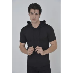 Erkek Kapşonlu Slim Fit T-shirt - Siyah