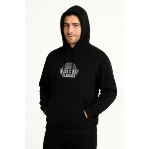 Erkek Kapüşonlu Kanguru Cepli Sweatshirt 3 İplik Pamuklu Baskılı Hoodie -  Siyah