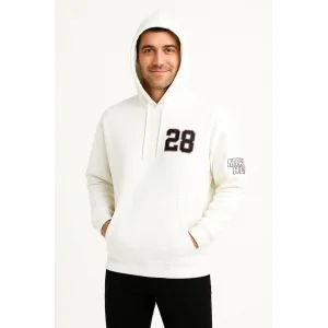 Erkek Kapüşonlu Kanguru Cepli Sweatshirt 3 İplik Pamuklu Baskılı Hoodie - Beyaz