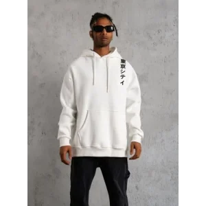 Erkek 3 İplik Pamuklu Kapüşonlu Baskılı Cepli Oversize Sweatshirt Hoodie - Beyaz