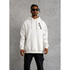 Erkek 3 İplik Pamuklu Kapüşonlu Baskılı Cepli Oversize Sweatshirt Hoodie - Beyaz