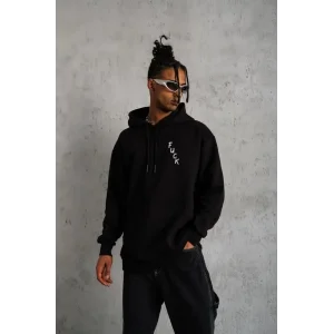 Erkek 3 İplik Pamuklu Kapüşonlu Baskılı Cepli Oversize Sweatshirt Hoodie - Siyah