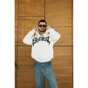 Erkek Kapüşonlu 3 İplik Şardonlu Önü Baskılı Fermuarlı Oversize Sweatshirt - Beyaz