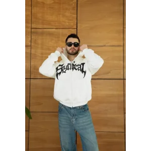 Erkek Kapüşonlu 3 İplik Şardonlu Önü Baskılı Fermuarlı Oversize Sweatshirt - Beyaz