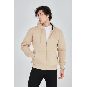Erkek 3 İplik Pamuklu Fermuarlı Kapüşonlu Kanguru Cepli Hoodie Hırka Sweatshirt -Bej