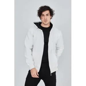 Erkek 3 İplik Pamuklu Fermuarlı Kapüşonlu Kanguru Cepli Hoodie Hırka Sweatshirt - Beyaz