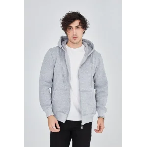 Erkek 3 İplik Pamuklu Fermuarlı Kapüşonlu Kanguru Cepli Hoodie Hırka Sweatshirt - Gri