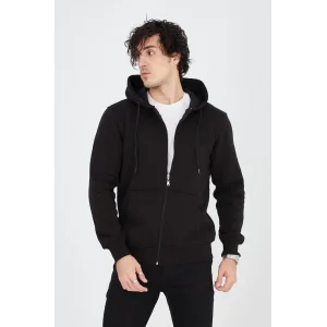 Erkek 3 İplik Pamuklu Fermuarlı Kapüşonlu Kanguru Cepli Hoodie Hırka Sweatshirt - Siyah