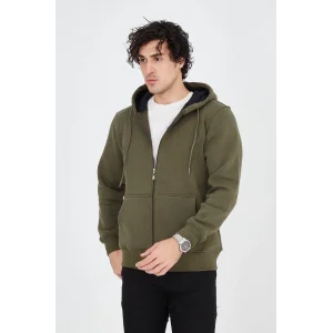 Erkek 3 İplik Pamuklu Fermuarlı Kapüşonlu Kanguru Cepli Hoodie Hırka Sweatshirt - Yeşil