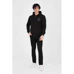 Erkek 3 İplik Pamuklu Fermuarlı Kapüşonlu Kanguru Cepli Baskılı Hoodie Hırka Sweatshirt - Siyah