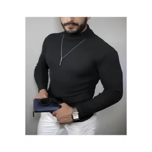 Erkek Kaşkorse Boğazlı Full Likralı Fitilli Body Kazak - Siyah