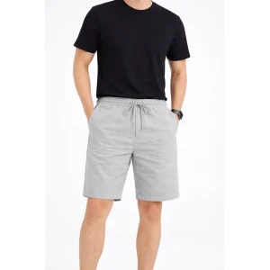 Erkek Keten Kumaş Cepli Rahat Kesim Bel Lastikli Şort - Gri