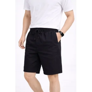 Erkek Keten Kumaş Cepli Rahat Kesim Bel Lastikli Şort - Siyah