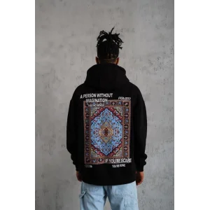 Erkek 3 İplik Pamuklu Kapüşonlu Baskılı Cepli Oversize Sweatshirt Hoodie - Siyah