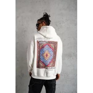 Erkek 3 İplik Pamuklu Kapüşonlu Baskılı Cepli Oversize Sweatshirt Hoodie - Beyaz
