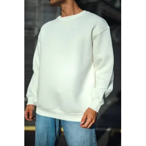 Erkek  Bisiklet Yaka 3 İplik Pamuklu Basic SweatShirt - Beyaz