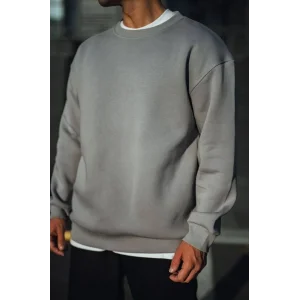 Erkek Bisiklet Yaka 3 İplik pamuklu Basic SweatShirt - Boyalı Gri