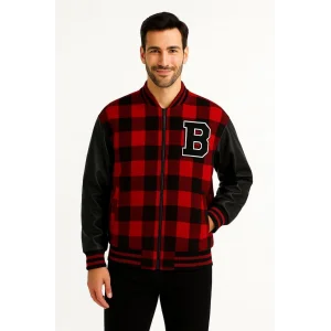 Erkek Kolej Ceket – Kareli Oduncu Kumaş, Kolları Suni Deri, Fermuarlı, İçi Kapitone Astarlı, Nakışlı Oversize Bahar & Kış Stil - Bordo