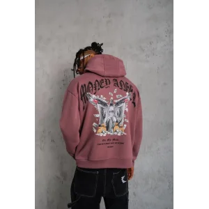 Erkek 3 İplik Pamuklu Baskılı Kapüşonlu Cepli Sweatshirt Hoodie - Gül Kurusu