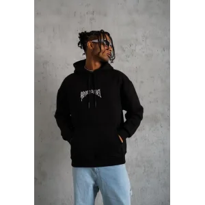 Erkek 3 İplik Pamuklu Baskılı Kapüşonlu Cepli Sweatshirt Hoodie - Siyah